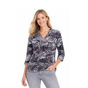 Ruby Rd  Black Gray Animal Print Studded Top 3/4 Sleeve Medium NWT